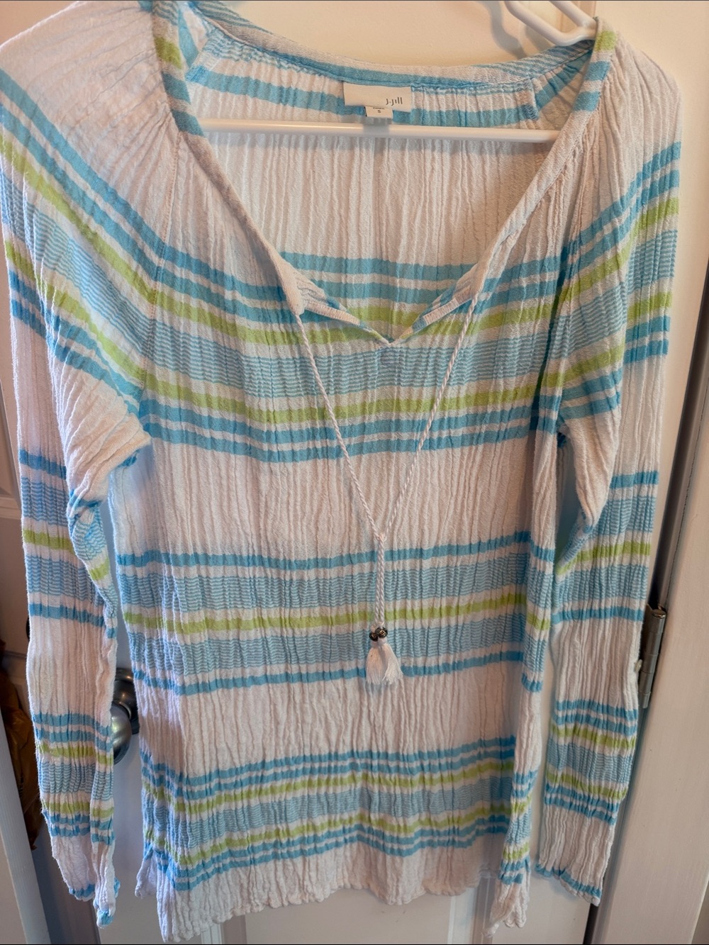 J. Jill White Long-Sleeve Striped Top with Blue & Green Boho Beach Resort Wear